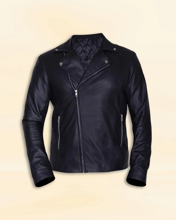 Trendy black leather jacket sported by Finn Balor in WWE events in American style