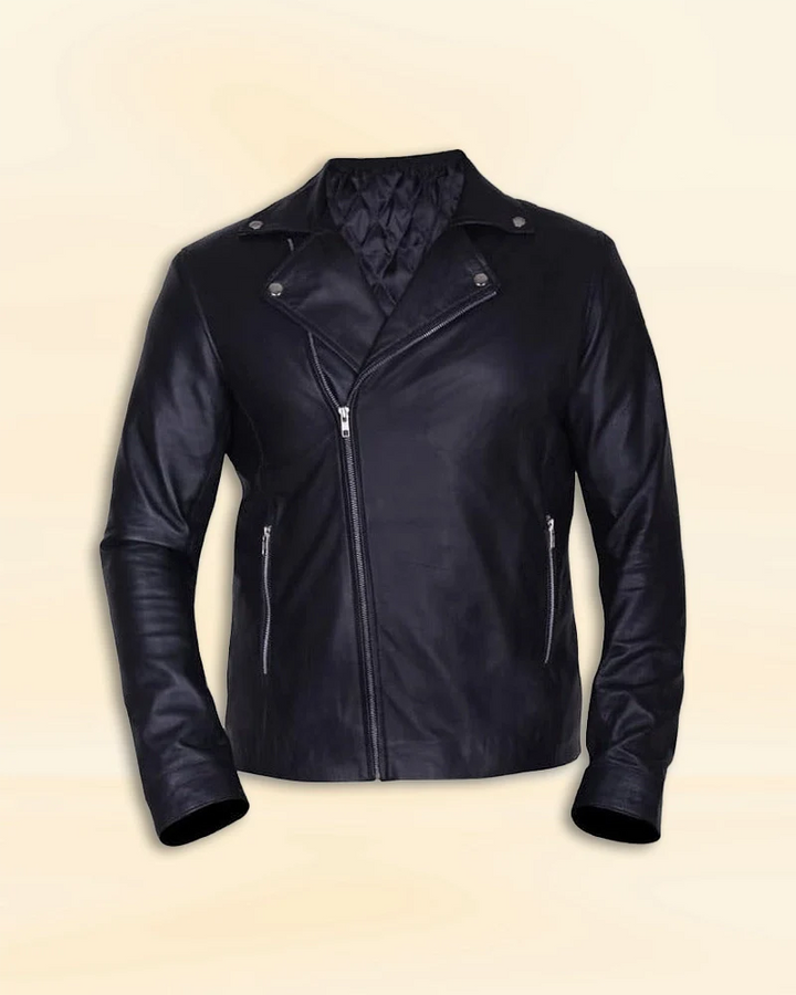 Trendy black leather jacket sported by Finn Balor in WWE events in American style