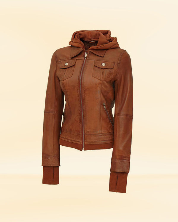 Buy Women's Brown Leather Bomber Jacket with Removable Hood
