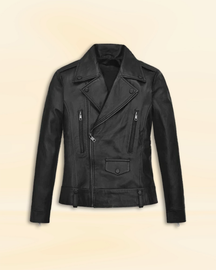 Hailey Baldwin Bieber's fashion-forward leather jacket with a high neck collar in US style