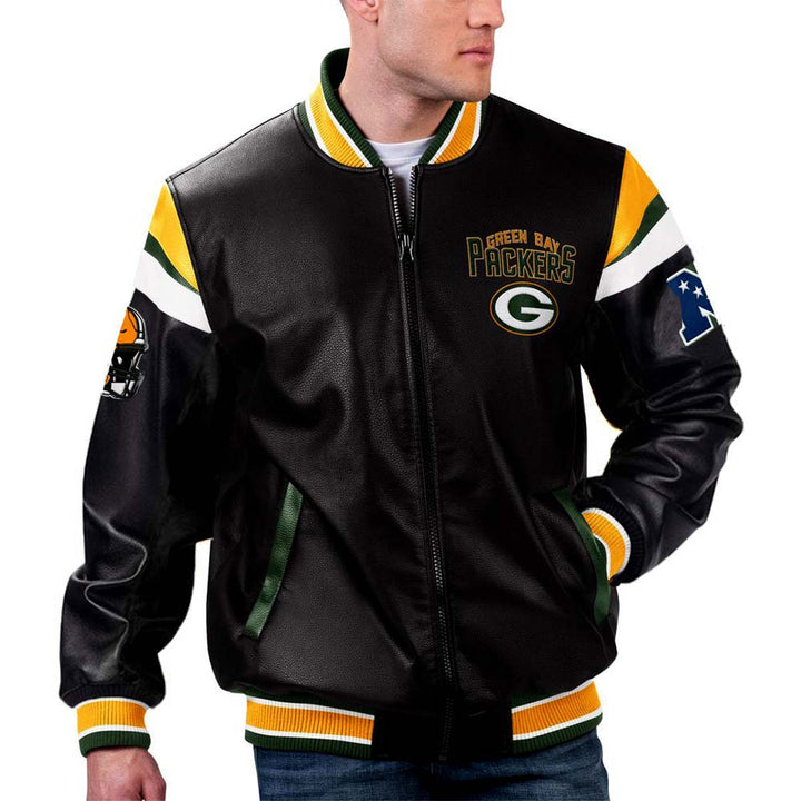 Unisex Green Bay Packers NFL leather jacket in green and yellow in American Style