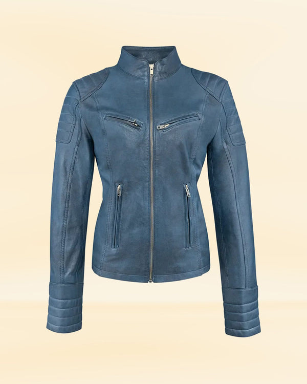 Buy Women's Blue Leather Jacket with Faux Fur Collar