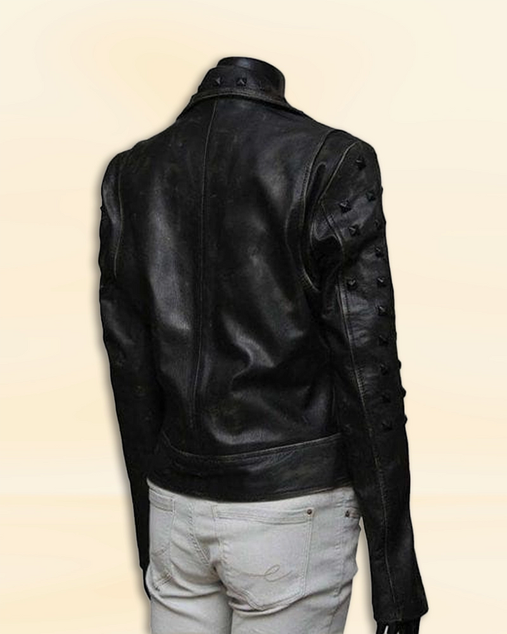 "Black Biker Leather Jacket Worn By Jennifer Lawrence - Embrace the edgy style with this black leather jacket, as seen on actress Jennifer Lawrence, for a bold and confident look. in American style