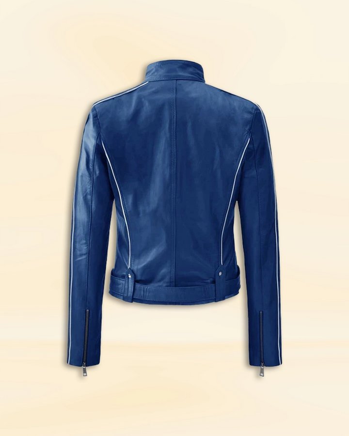 Jennifer Morrison's classic leather jacket with a notched collar and zippered pockets in American style