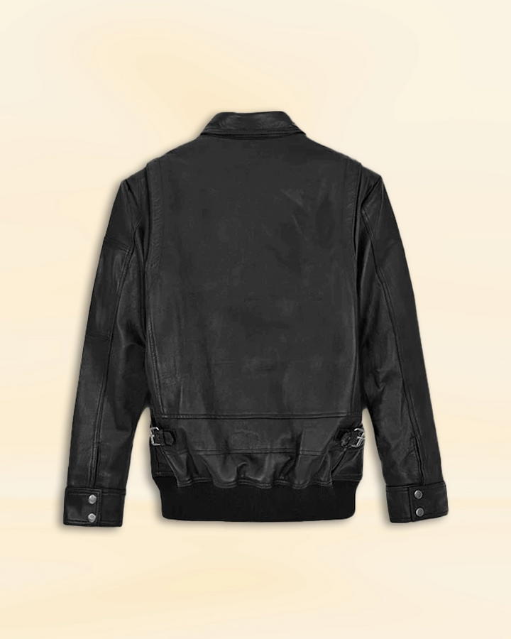 Dwayne Johnson's character rocks a stylish leather jacket in American style