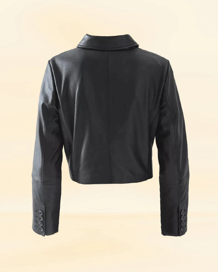 Trendy leather jacket worn by Jenna Ortega in the Wednesday Netflix series in American market