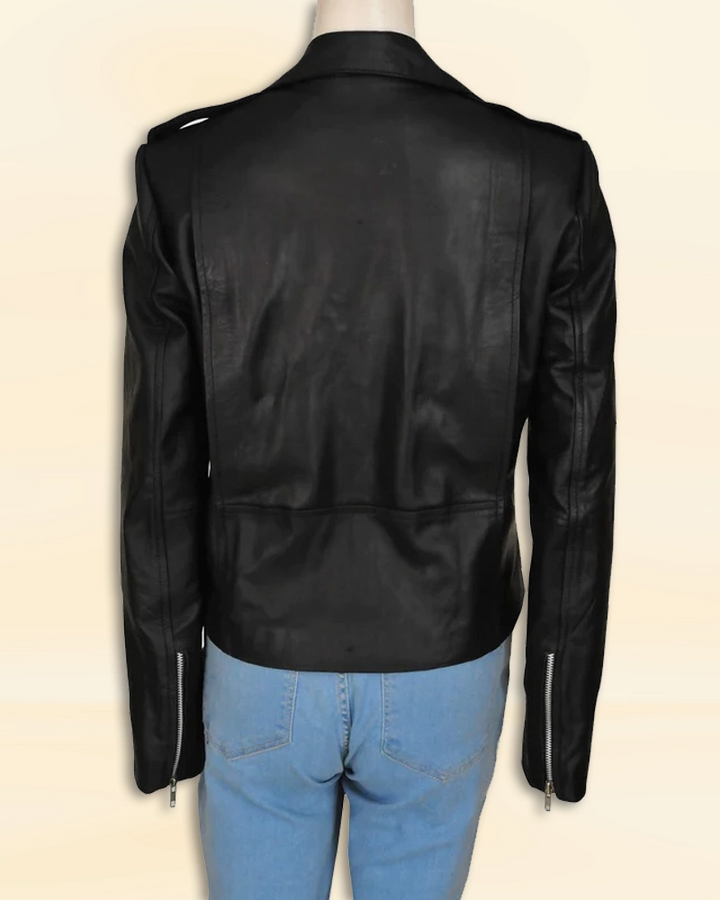 Kim Kardashian Elegant Black Motorcycle Leather Jacket - Embrace a chic and edgy look with this elegant black motorcycle leather jacket worn by the fashionable Kim Kardashian in USA market