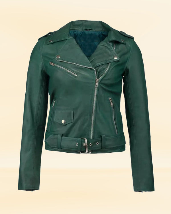 Buy Women's Green Real Leather Jacket with Stylish Belt