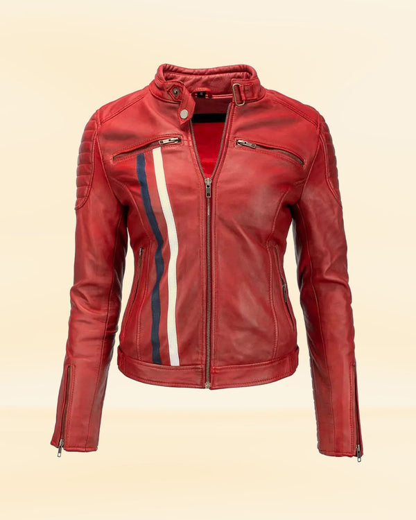Buy Women's Red Leather Biker Jacket with Stripes