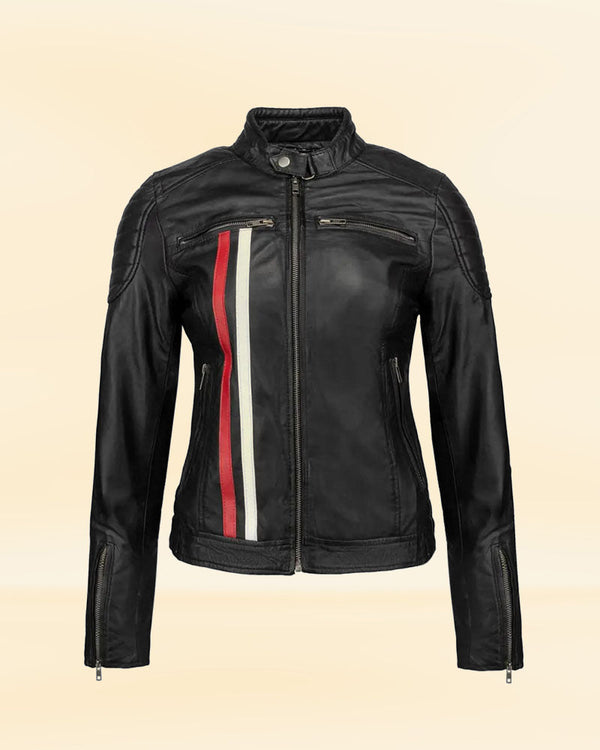 Buy Women's Black Leather Biker Jacket with Stripes