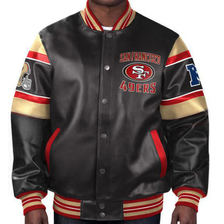 NFL 49ers leather jacket by TP in bold red, gold, and black design in USA
