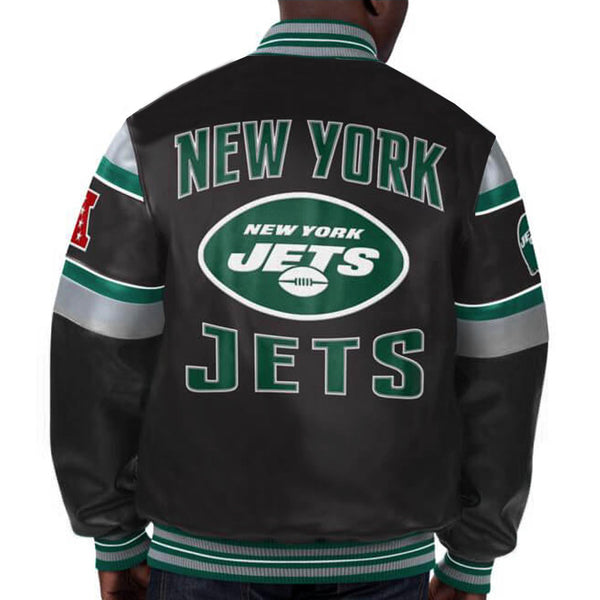 NFL New York Jets multicolor leather jacket front view in USA