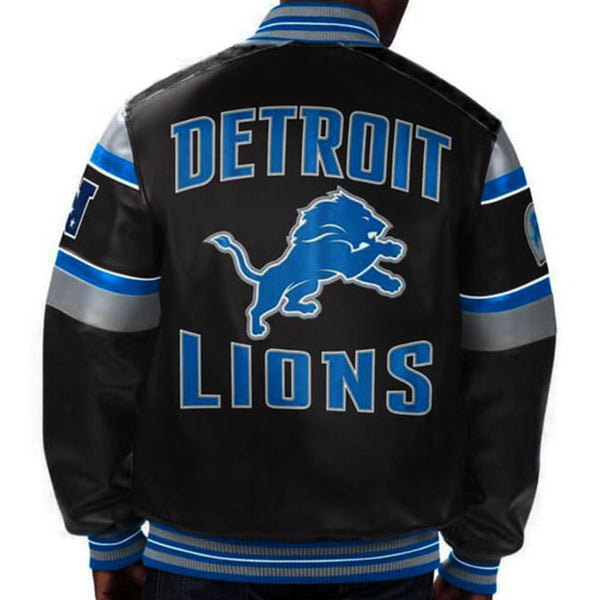 Detroit Lions leather jacket with official team logo front in USA