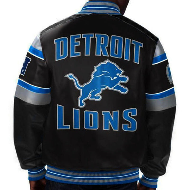 Detroit Lions leather jacket with official team logo front in USA