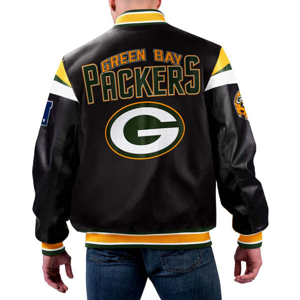 Green Bay Packers leather jacket with team logo front view in USA