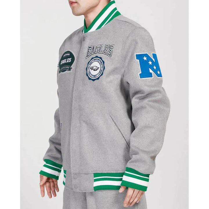 Stylish heather wool jacket featuring Philadelphia Eagles branding in USA