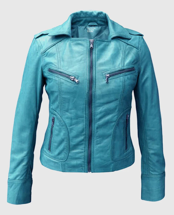 Elegant women's sapphire blue leather jacket for modern style in USA