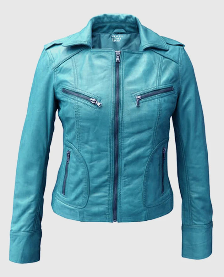 Elegant women's sapphire blue leather jacket for modern style in USA