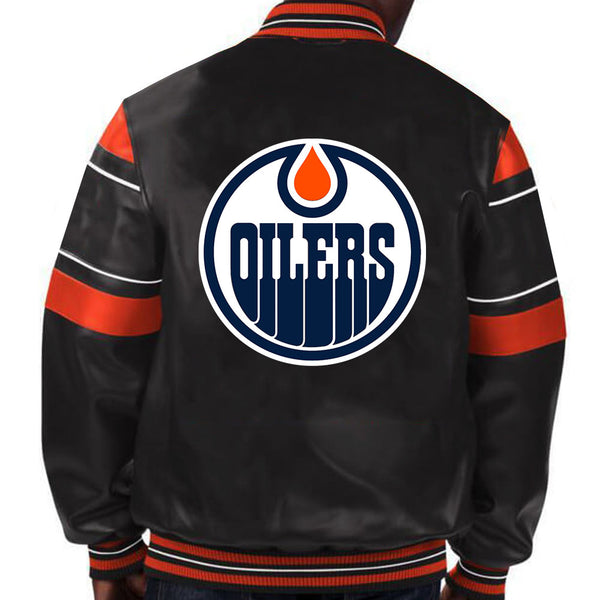 Edmonton Oilers royal blue leather jacket - team emblem detail in USA