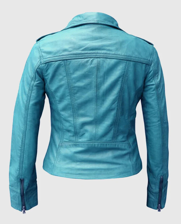 Stylish women's leather jacket in vibrant sapphire blue in American Style