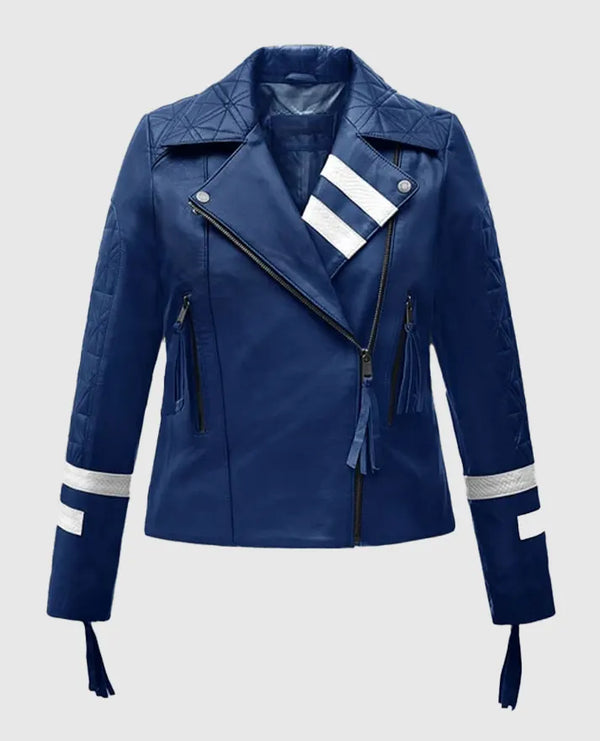 Stylish women's blue biker leather jacket for edgy fashion in USA