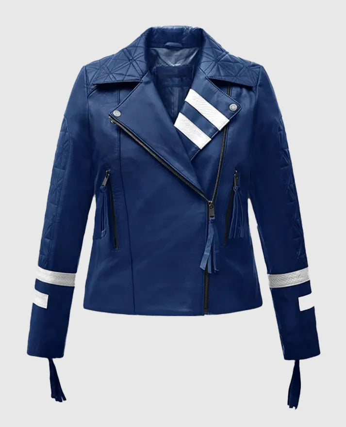 Stylish women's blue biker leather jacket for edgy fashion in USA