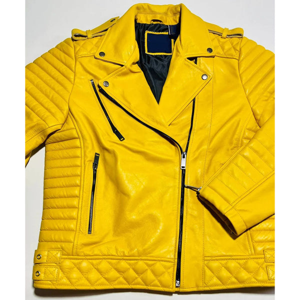 Buy Women's Yellow Genuine Leather Biker Jacket