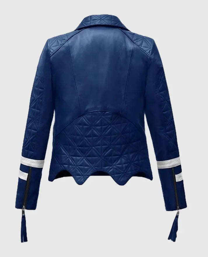 Trendy women's biker jacket in blue leather in USA