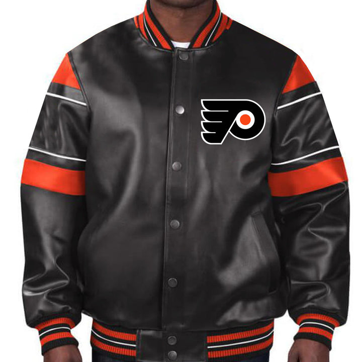 Step out in true Flyers fashion with this meticulously detailed black leather jacket, echoing the team's passion and determination in France style