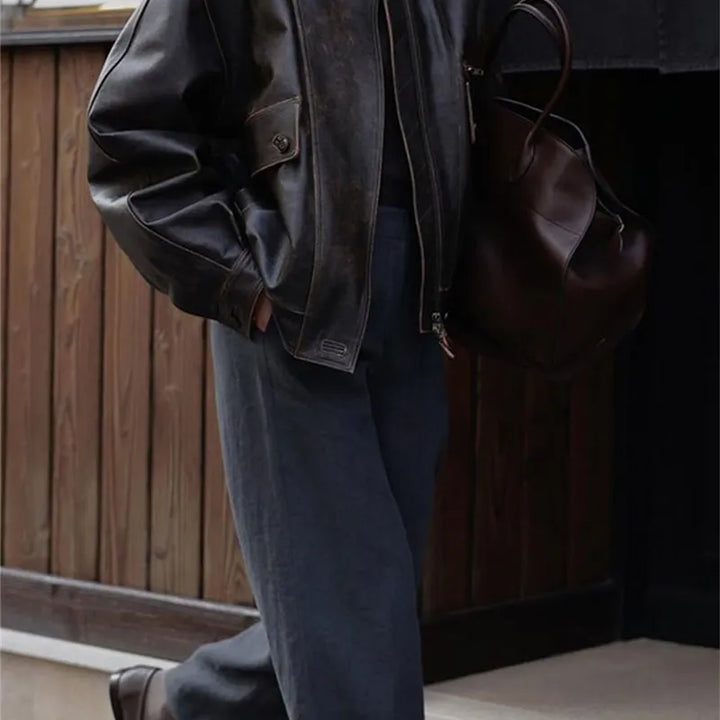 Women's faux leather vintage bomber jacket with cropped fit in American Style