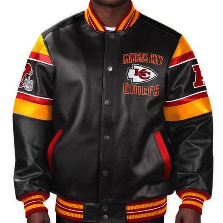 Unisex NFL Chiefs leather jacket in red and yellow design in American Style