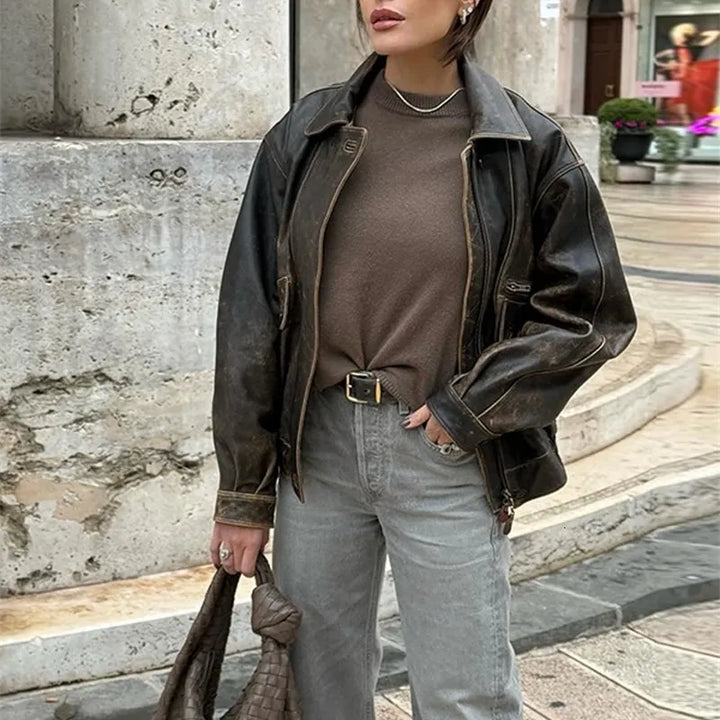 Vintage chic faux leather bomber jacket for casual and dressy looks in American Style