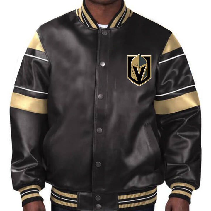 Elevate your game day look with this officially licensed Vegas Golden Knights leather jacket, a must-have for passionate supporters in USA