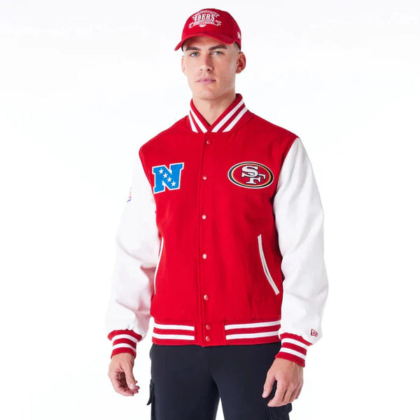 San Francisco 49ers red varsity jacket for NFL fans in USA
