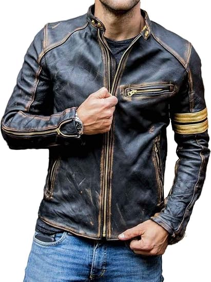 Men's Real Leather Biker Cafe Racer Vintage Motorcycle Black Distressed Leather Jacket in USA