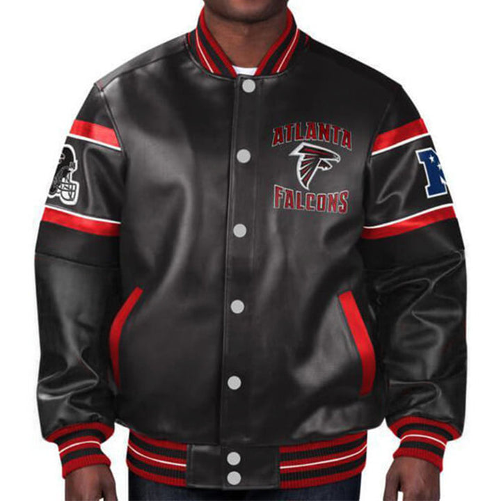 Unisex NFL Falcons leather jacket in black and red color scheme in USA