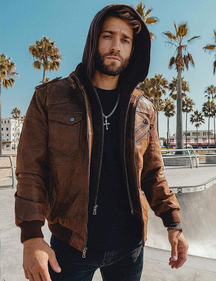 Genuine Brown Leather Jacket for Men with Removable Hood