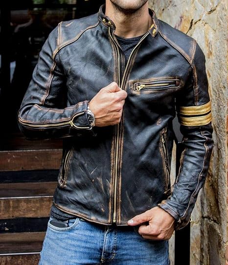 Distressed Black Genuine Leather Jacket for Men | Biker Cafe Racer Style in USA