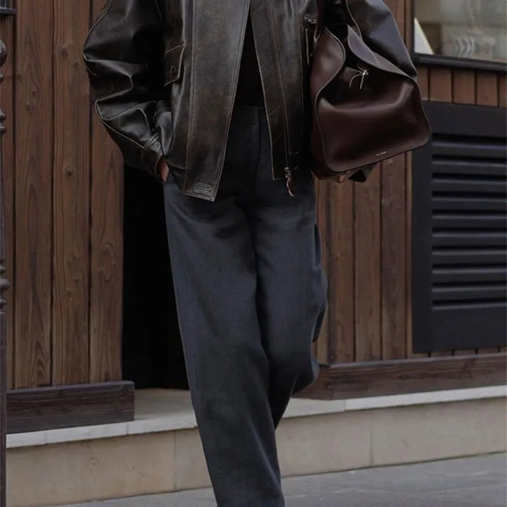 Timeless cropped leather-look bomber jacket with chic appeal in USA