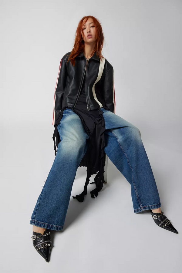 Buy Women Black Leather Stripe Racer Moto Jacket
