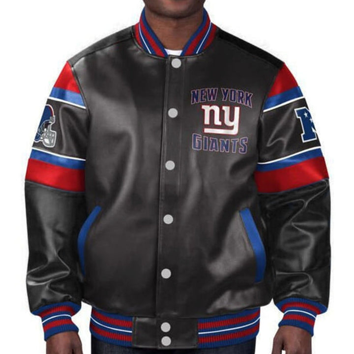 Unisex NFL Giants leather jacket in blue and red color scheme in American Style