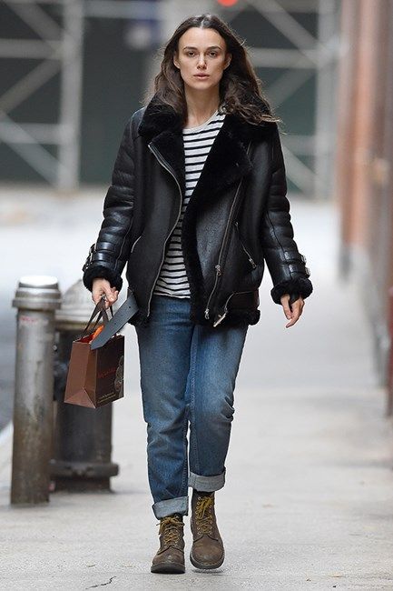Buy KEIRA KNIGHTLEY BLACK FAUX SHEARLING REAL LEATHER JACKET  | WOMEN CELEBRITY LEATHER JACKET