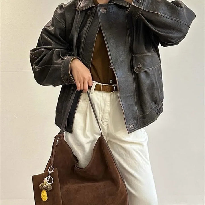 Stylish cropped bomber jacket in faux leather for all occasions in USA