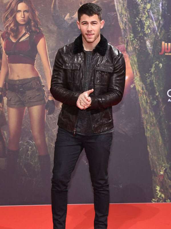 Nick Jonas leather jacket from Jumanji 3 premiere in USA