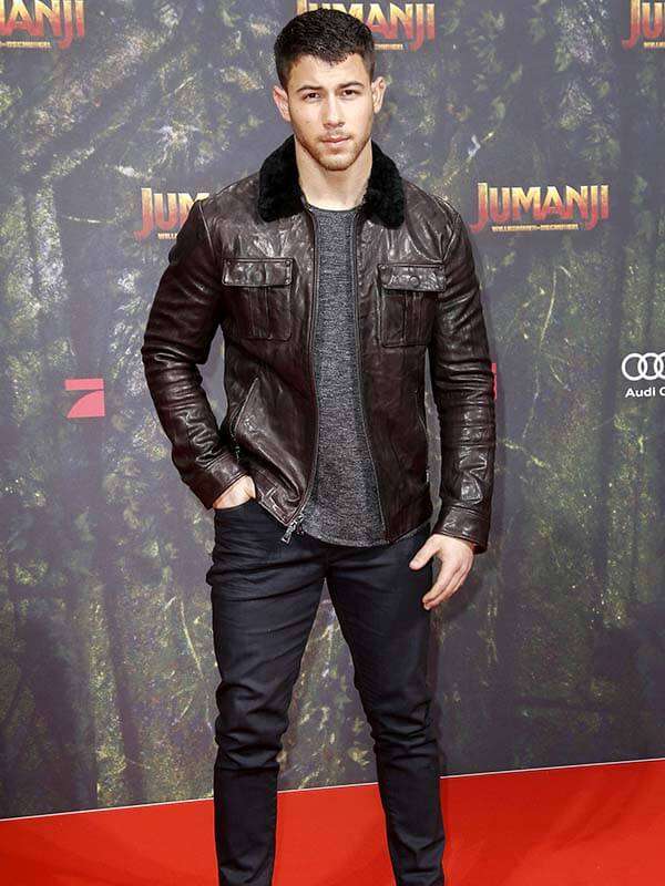 Stylish leather jacket worn by Nick Jonas at Jumanji 3 premiere in France Style