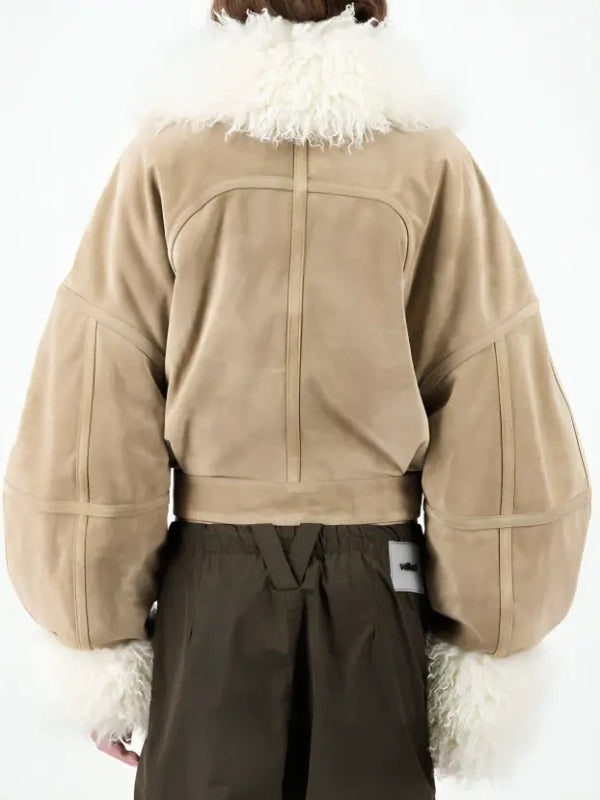 Iconic faux fur trim suede jacket worn by Camille Razat in Emily in Paris in USA