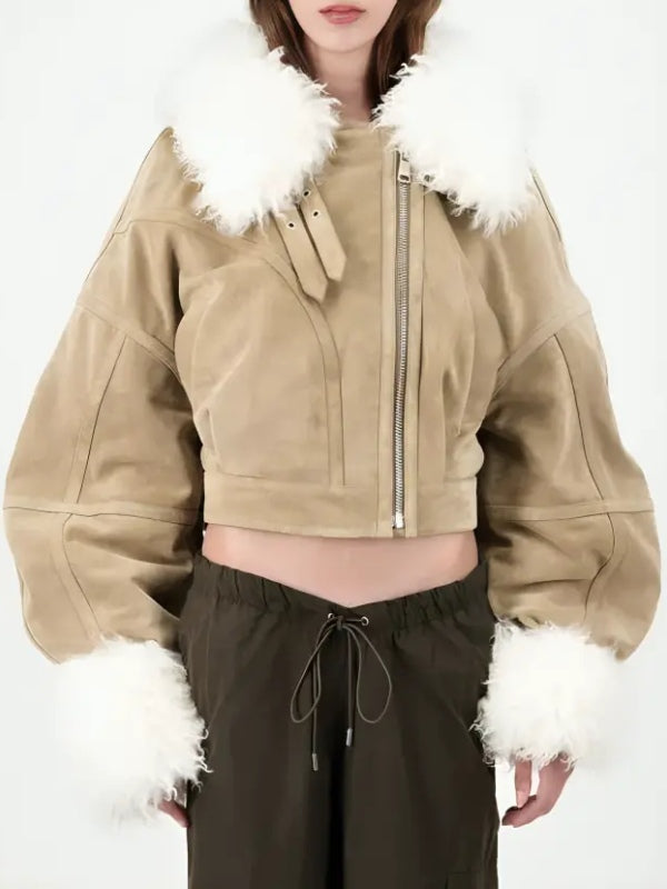Stylish faux fur trim suede jacket worn by Camille Razat in Emily in Paris in American Style