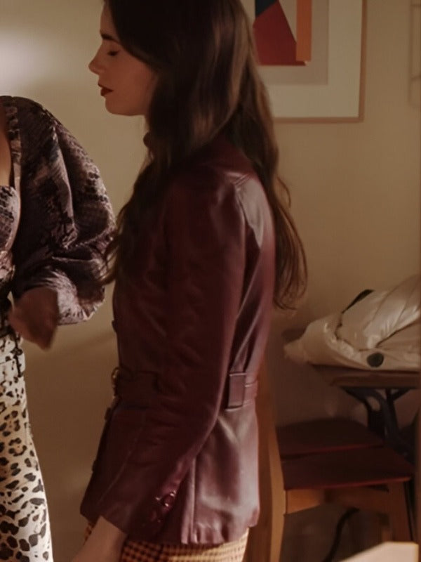 Emily in Paris S04 Lily Collins Red Leather Jacket in UK Market