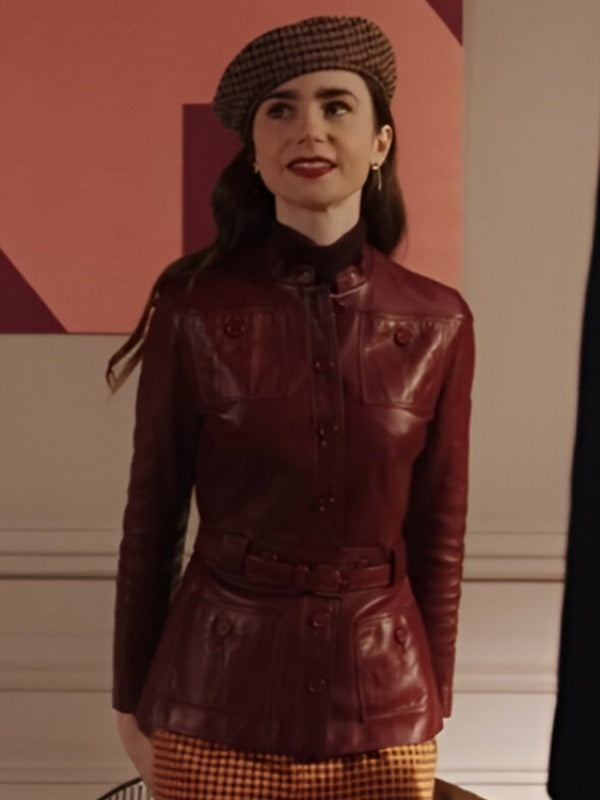 Emily in Paris S04 Lily Collins Red Leather Jacket in United State Market