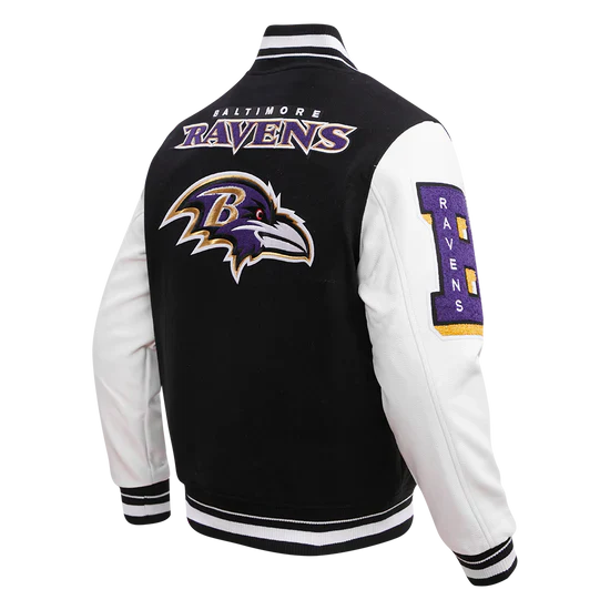 Stylish Ravens varsity jacket combining wool body and leather arms in USA
